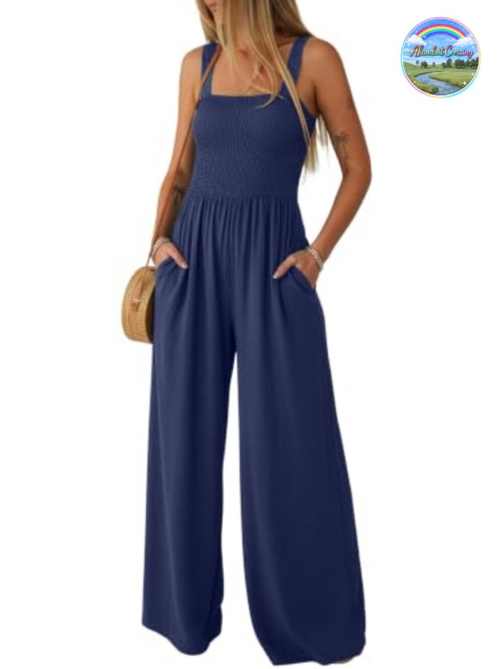 Women Casual One Piece Wide Leg Overalls Sleeveless Jumpsuit with Pockets